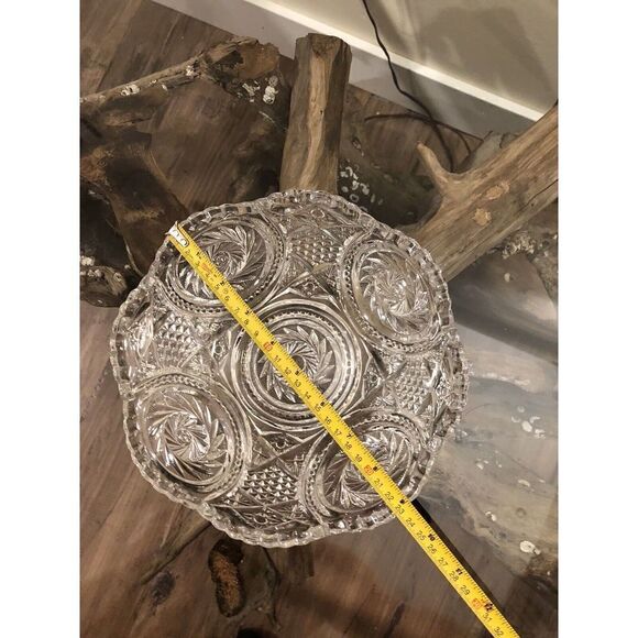 Vintage Cut Crystal Glass Serving Bowl w/ Pinwheel Star Pattern Tooth Edge - Picture 7 of 13